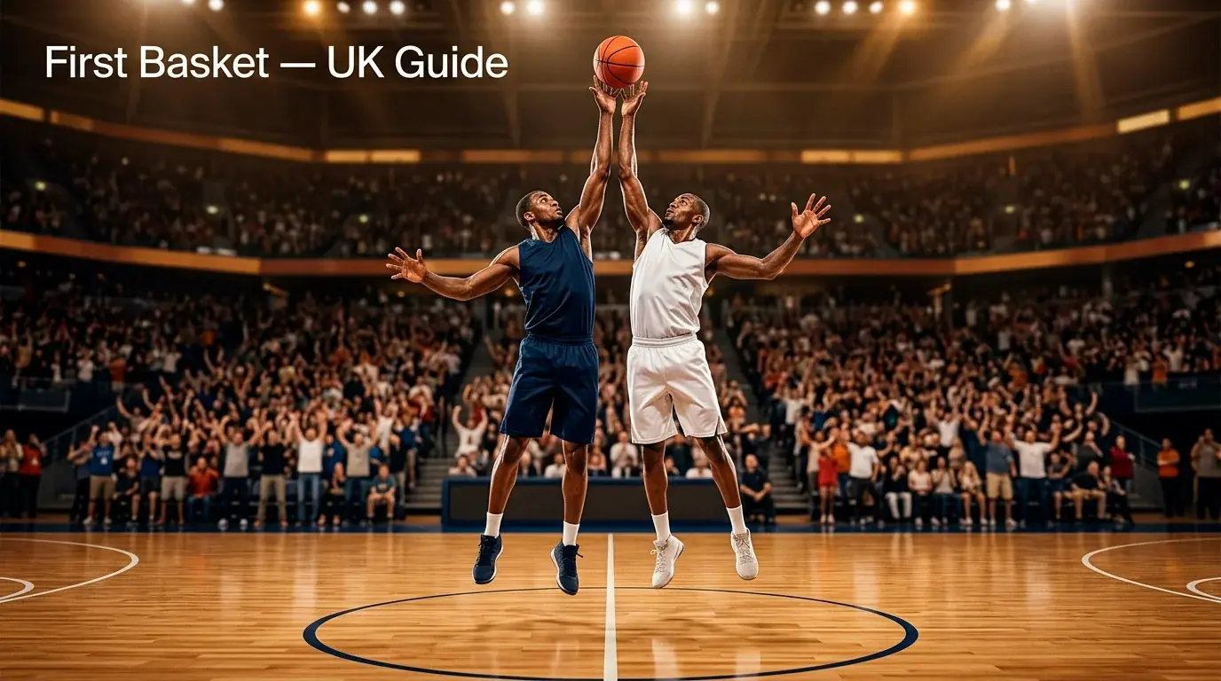 Tip-off jump ball at an NBA centre court — the moment that decides the first basket