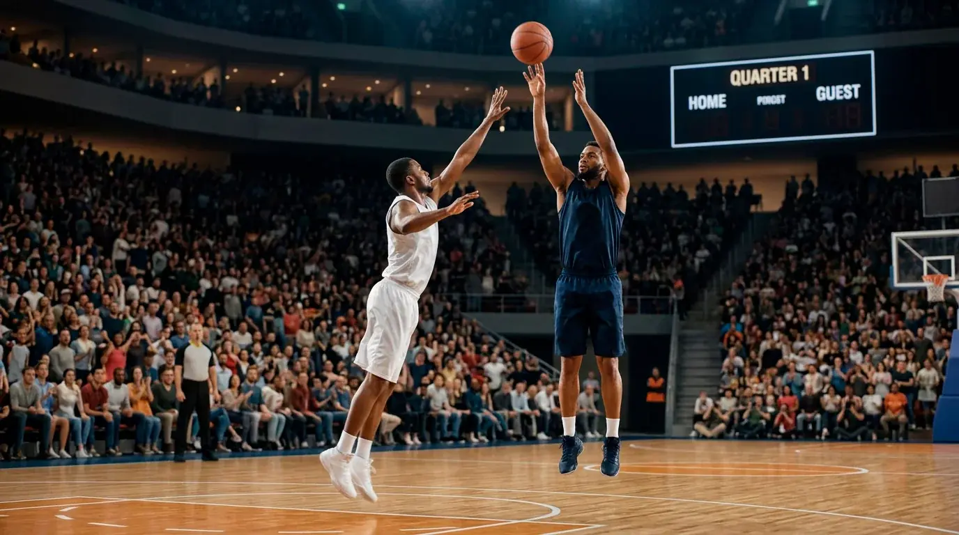 An NBA shooter mid-air on a contested opening jump shot at a packed arena