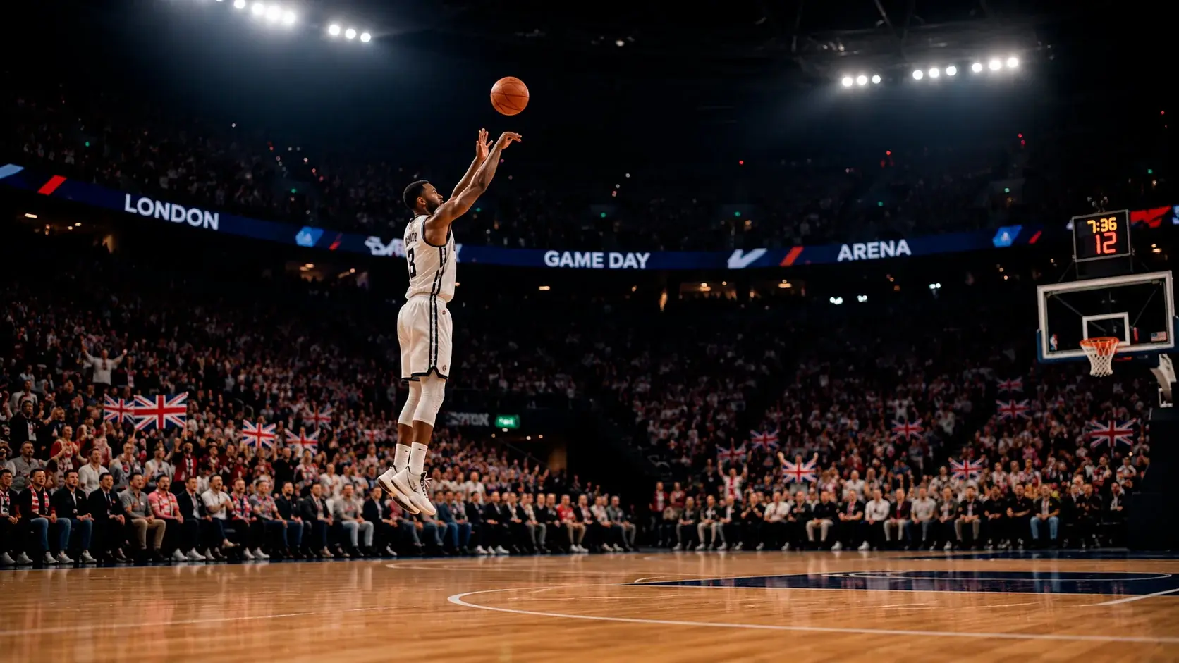 The O2 Arena in London during an NBA game with British fans in the stands and players on the court