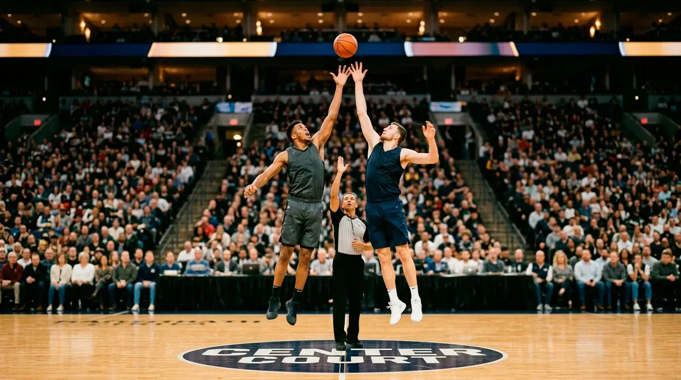 Two NBA centres rising for the opening tip-off at centre court
