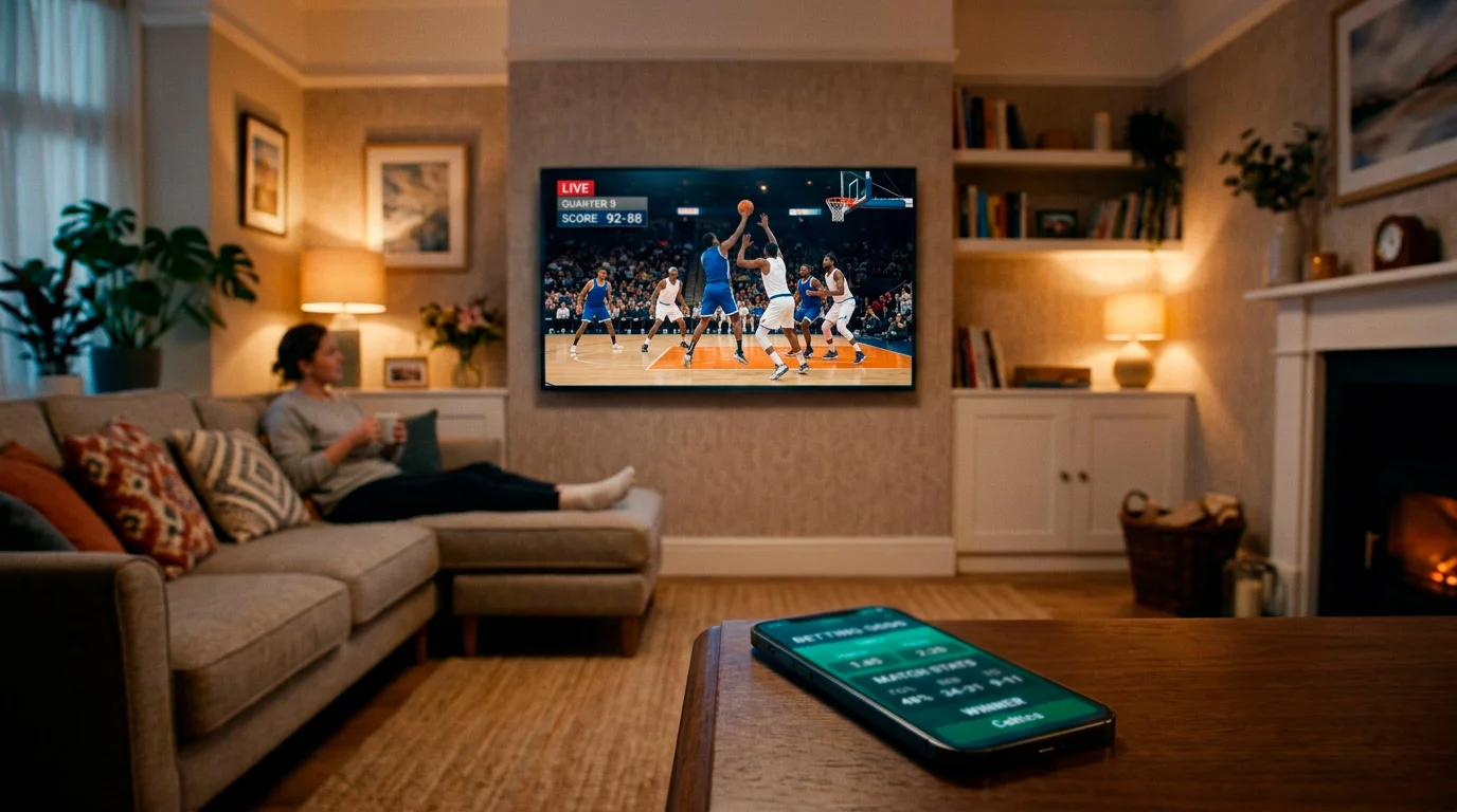 A UK living room with a flat-screen TV showing a basketball broadcast and a smartphone on the coffee table displaying live odds in the foreground