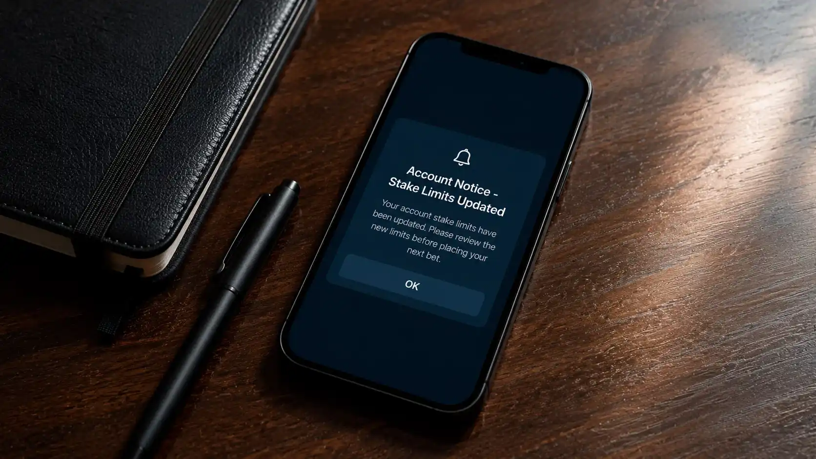 A smartphone on a desk displaying a sportsbook account restriction notification, lying next to a closed paper notebook and a pen